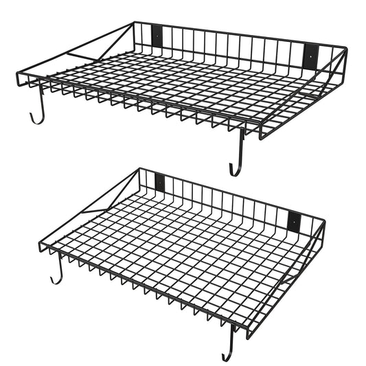 2 Pack Garage Wall Shelf, Garage Wall Mounted Shelving, Heavy Duty Floating Shelves With 4 Hooks, Loads 90 LBS Black Wall Shelves Mesh Storage Rack for Office, Basement, Wall Cabinet and Kitchen