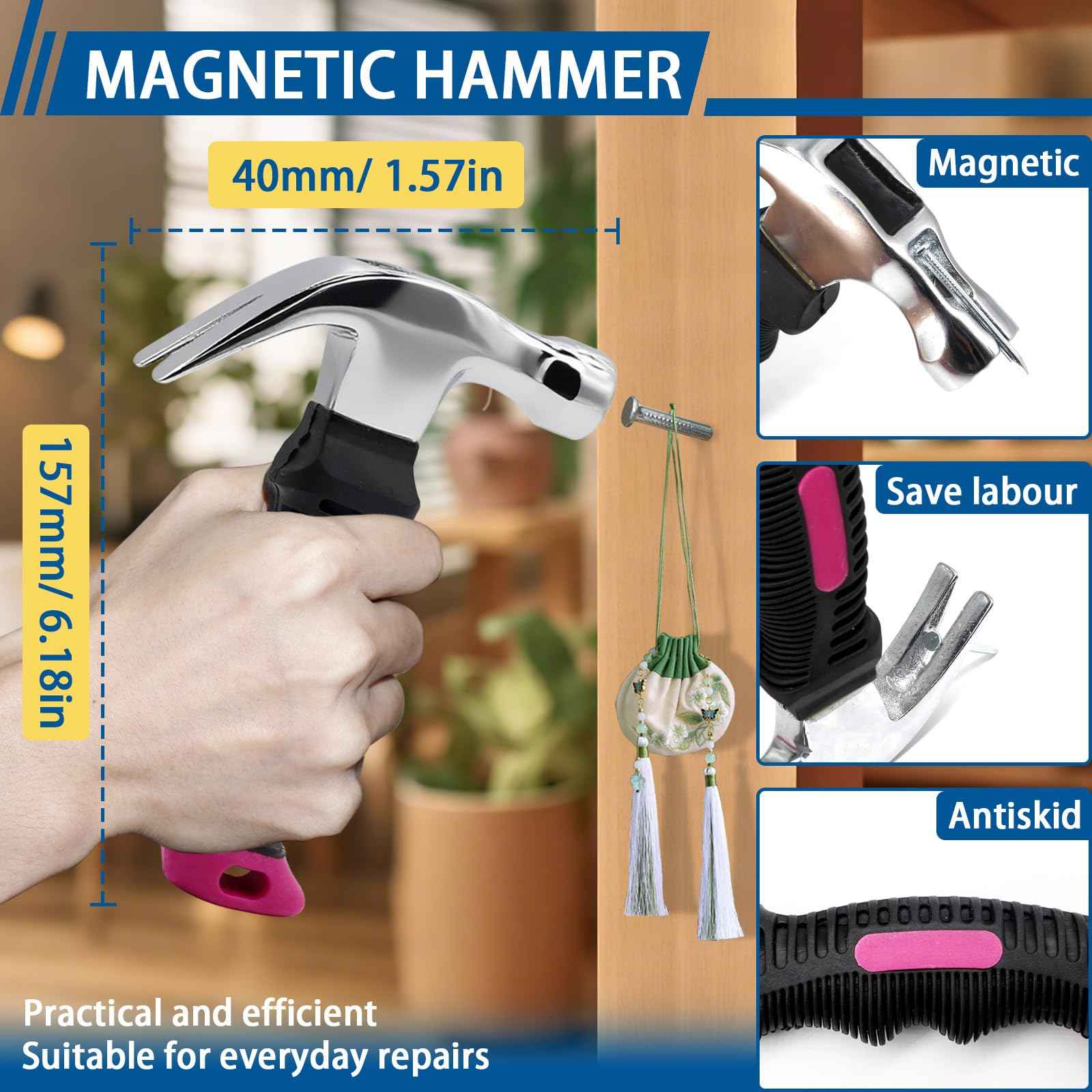 308Pcs Picture Hanging Kit, Hanging Hardware with Hooks, D Ring, Nails, Wire Wall Hanging Kits with Magnetic Level, Small Pink Claw Hammer for Hanging Pictures Frame Painting Home Office Wall Decor