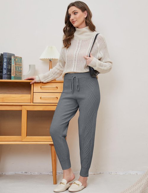 Gihuo Women' s Cable Knit Sweater Pants Long Knit Harem Pants Joggers Drawstring Elastic Waist Stretchy Knit Pants(Grey-Medium)