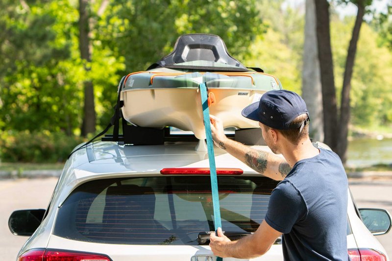 Pelican Adjustable Deluxe Foam Block Transport Roof Kayak Carrier Kit - Comes with Hood Trunk tie Down Loops and 6 tie Down Straps - Black/Turquoise