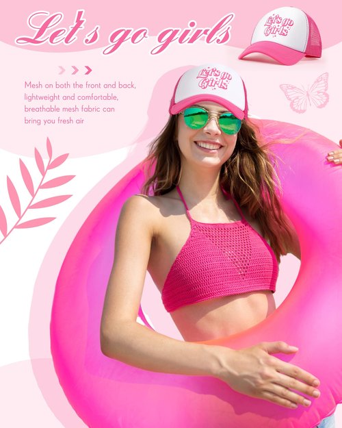 Jecery 10 Pcs Let's Go Girl Theme Trucker Hat for Women, Bach Party Mesh Baseball Cap for Bridal Shower Wedding Bach Party Gifts Rose Red