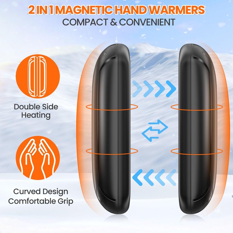2 Pack Hand Warmers Rechargeable, 2025 New Portable Magnetic Electric with 12hrs Warmth, Double-Sided Heating Pocket Size for Outdoors, Camping - Black