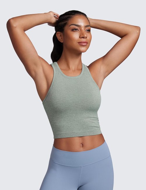 CRZ YOGA Seamless Ribbed High Neck Crop Tank Tops - Longline Racerback Padded Sports Bra for Women