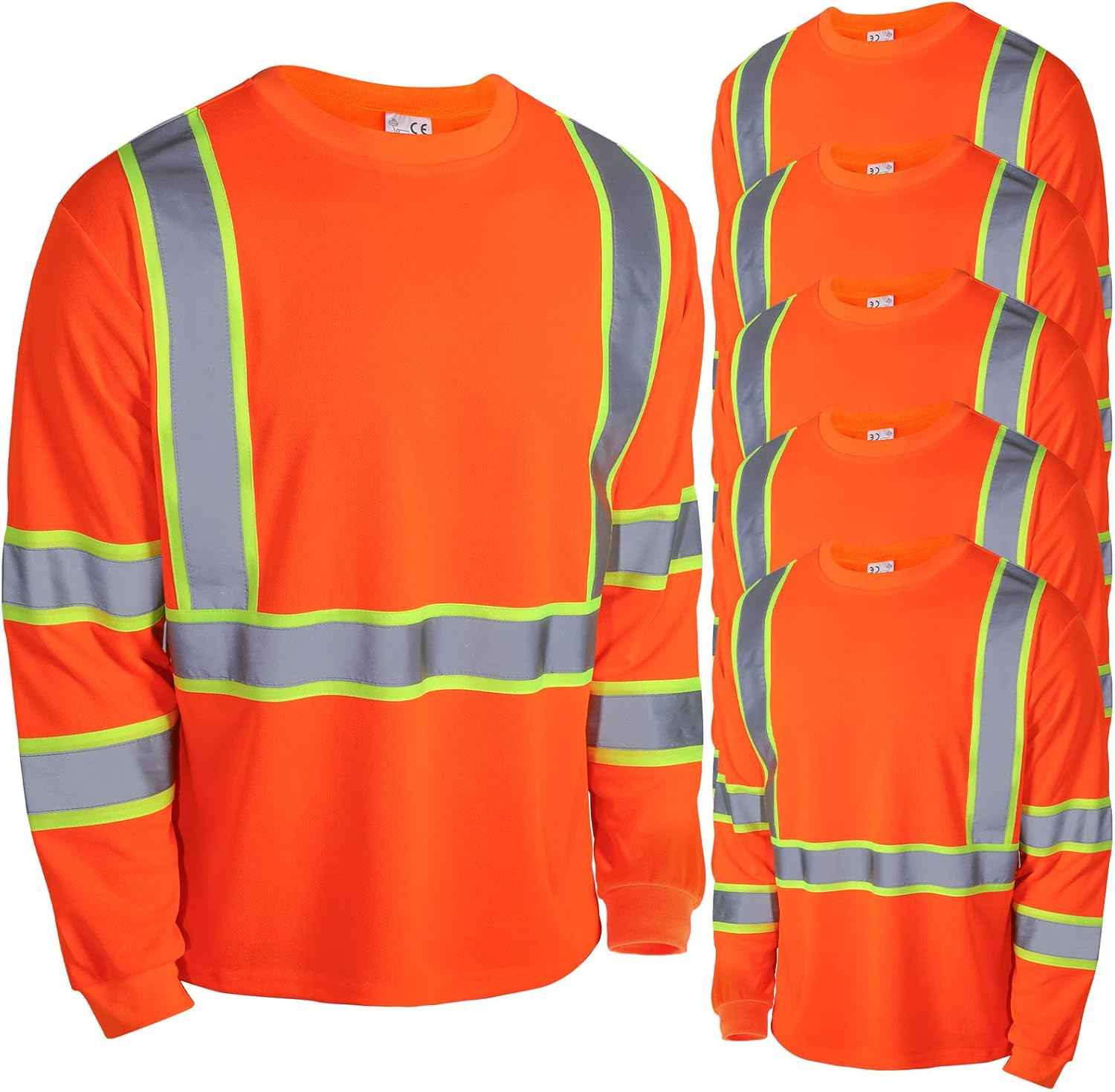 High Visibility Class 3 Safety T-Shirt - 6 Pack Long Sleeve Reflective Work Shirts for Construction & Surveying