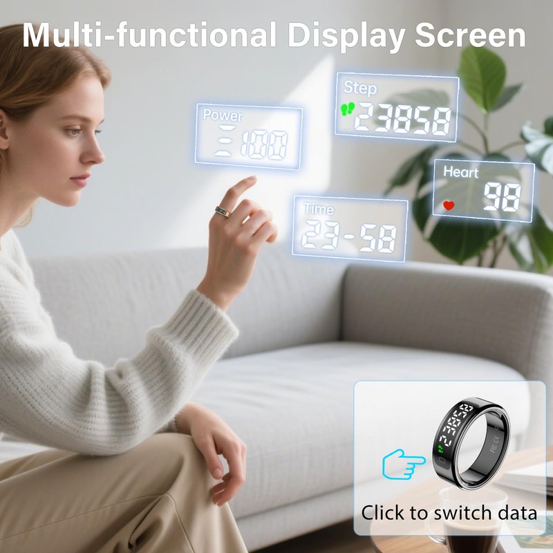 Walpck Smart Ring with LED Display Screen,Sleep&Fitness Tracking Wearable for Women/Men,Accurate Monitoring of Pedometer, Heart Rate,Blood Oxygen (R11, Silver, 10)