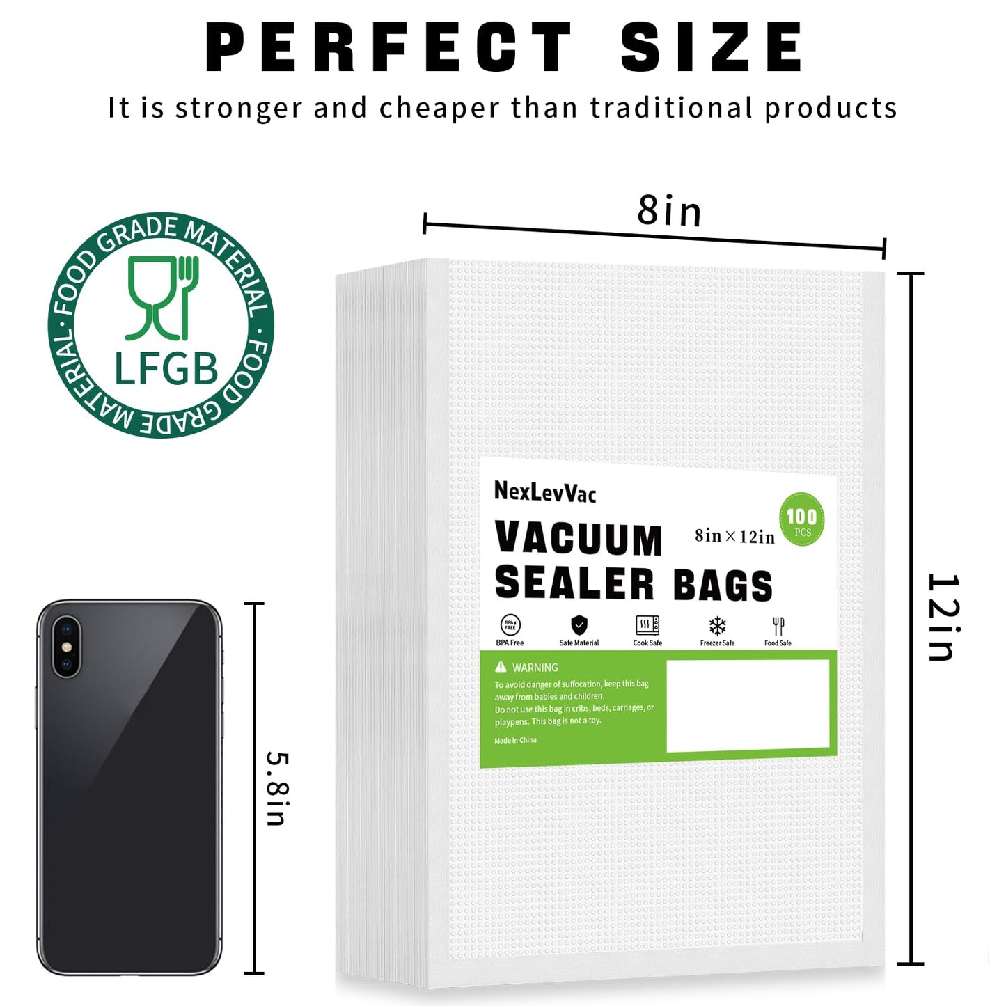 NexLevVac 100 Quart Vacuum Sealer Bags - 8x12 Inch, Heavy Duty Commercial Grade for Food Saver, Seal a Meal, Sous Vide, Meal Prep, Freezer Storage