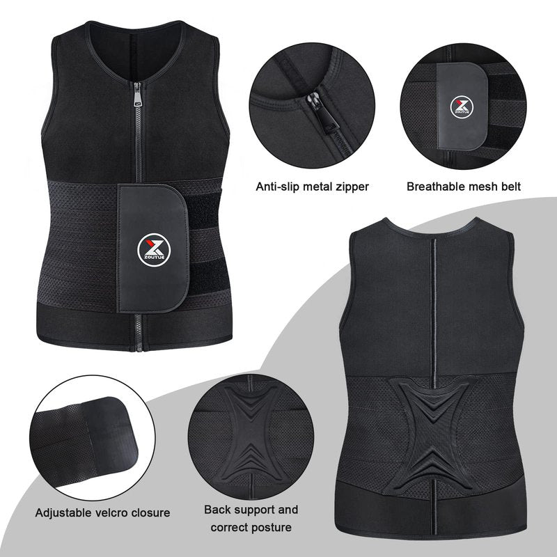 ZOUYUE Mens Sweat Sauna Vest for Waist Trainer, Sweat Sauna Suit Zipper Neoprene Workout Vest for Men with Adjustable Double Belt & Tank Top-S