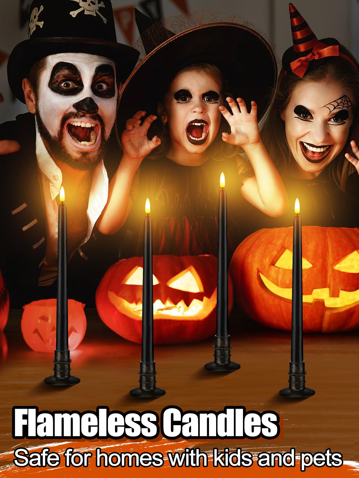Black Halloween Flameless Candles with Timer & Bases - 6 Pack 13" LED Flickering Taper Candlesticks Battery Operated, Smokeless Dripless for Fireplace Table School Bar Halloween Decor
