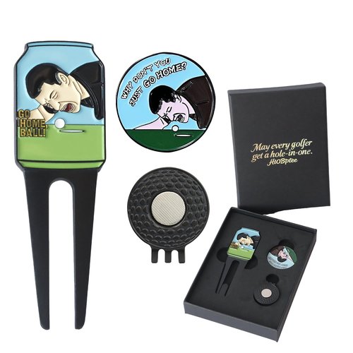 HIOBptee Golf Portable Buckle Divot Tool - Multifunctional Metal Pitch Mark Repairer with Magnetic Ball Marker, Gift Box Set，Golf Fork