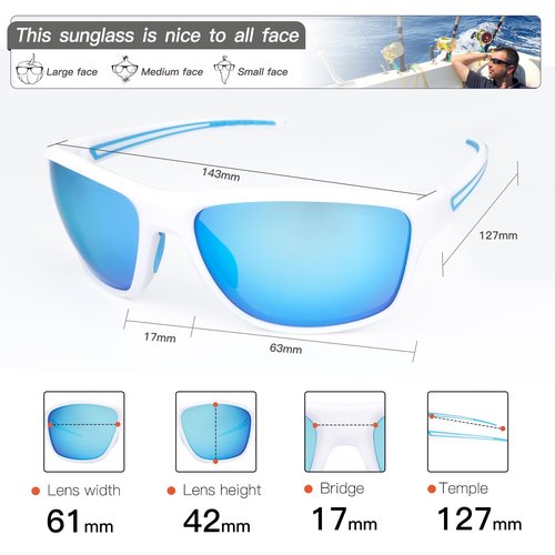 Konlley Sport Polarized Sunglasses for Men and Women, UV Protection Sunglasses Running Fishing Cycling with White Frame Blue Lens