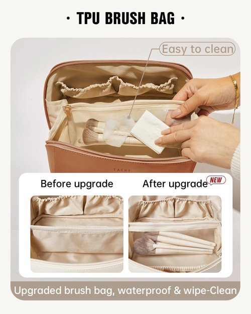 EACHY Travel Makeup Bag - Large Capacity Waterproof PU Leather Cosmetic Organizer | Portable Toiletry Bag for Skincare & Brushes