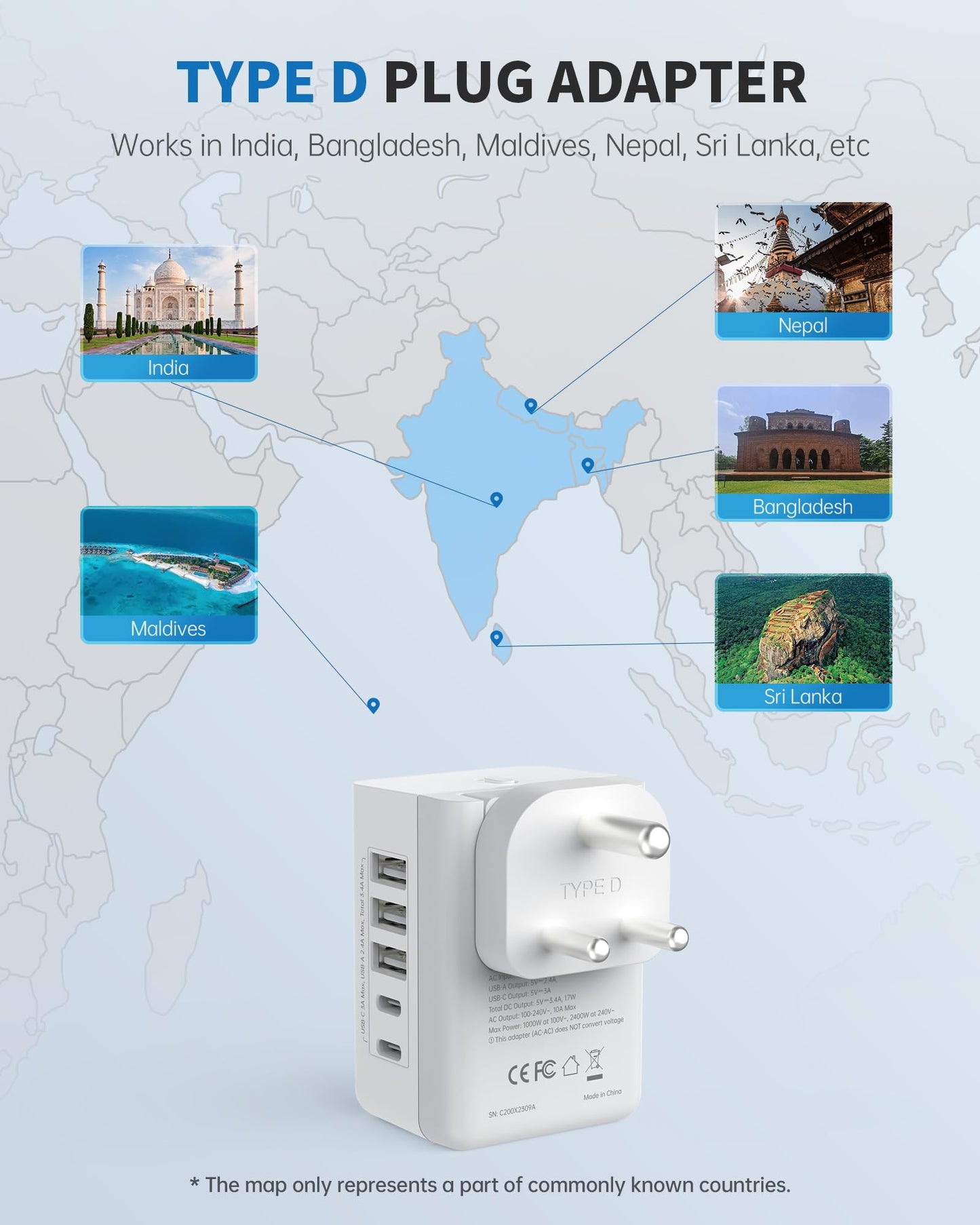 EPICKA US to India Travel Adapter, Universal Plug Adapter with 2 US Outlets, 3 USB-A & 2 USB-C Ports, Ultra Compact Swap&Adapt Type D Plug Attachment, Grounded Adapter for India, Pakistan (X232D)