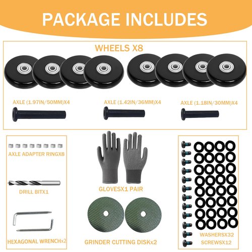 Luggage Suitcase Replacement Wheels 2.36inch(60mm) Diameter 8 Pcs 0.55inch(14mm) Thickness Wheel with 3 Sizes Axle Wear-Resistant Mute Rubber Swivel Caster Repair Kits for Trolley Bag Travel Box