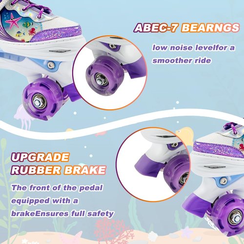 Adjustable Kids Roller Skates for Girls and Boys Ages 3-5 5-8 8-12, All 8 Wheels of Girl's Skates Shine, Safe and Fun Illuminating for Outdoor Indoor Sports with Protective Gear Set