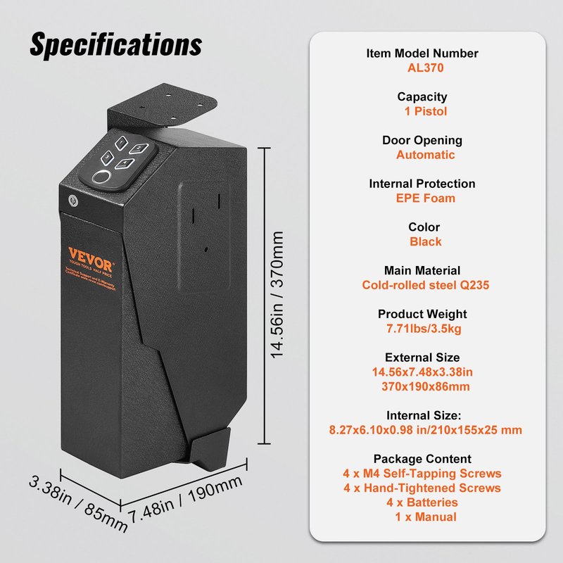 VEVOR Gun Safe for Pistols, Biometric Gun Safe with Three Quick Access Ways of Fingerprints, Passwords and Keys, Handgun Safe for 1 Pistol for Home, Bedside, Nightstand, Wall