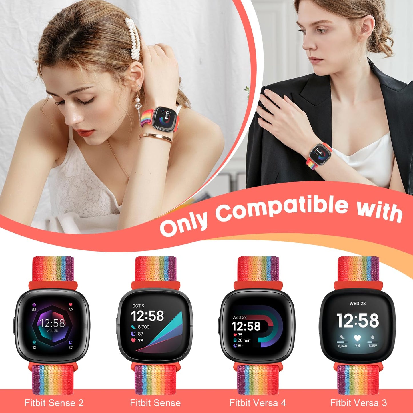 Relting Sport Loop Compatible with Fitbit Versa 4, Sense 2, Versa 3, Sense for Women & Men, Soft Nylon Adjustable Breathable Replacement Wristband
