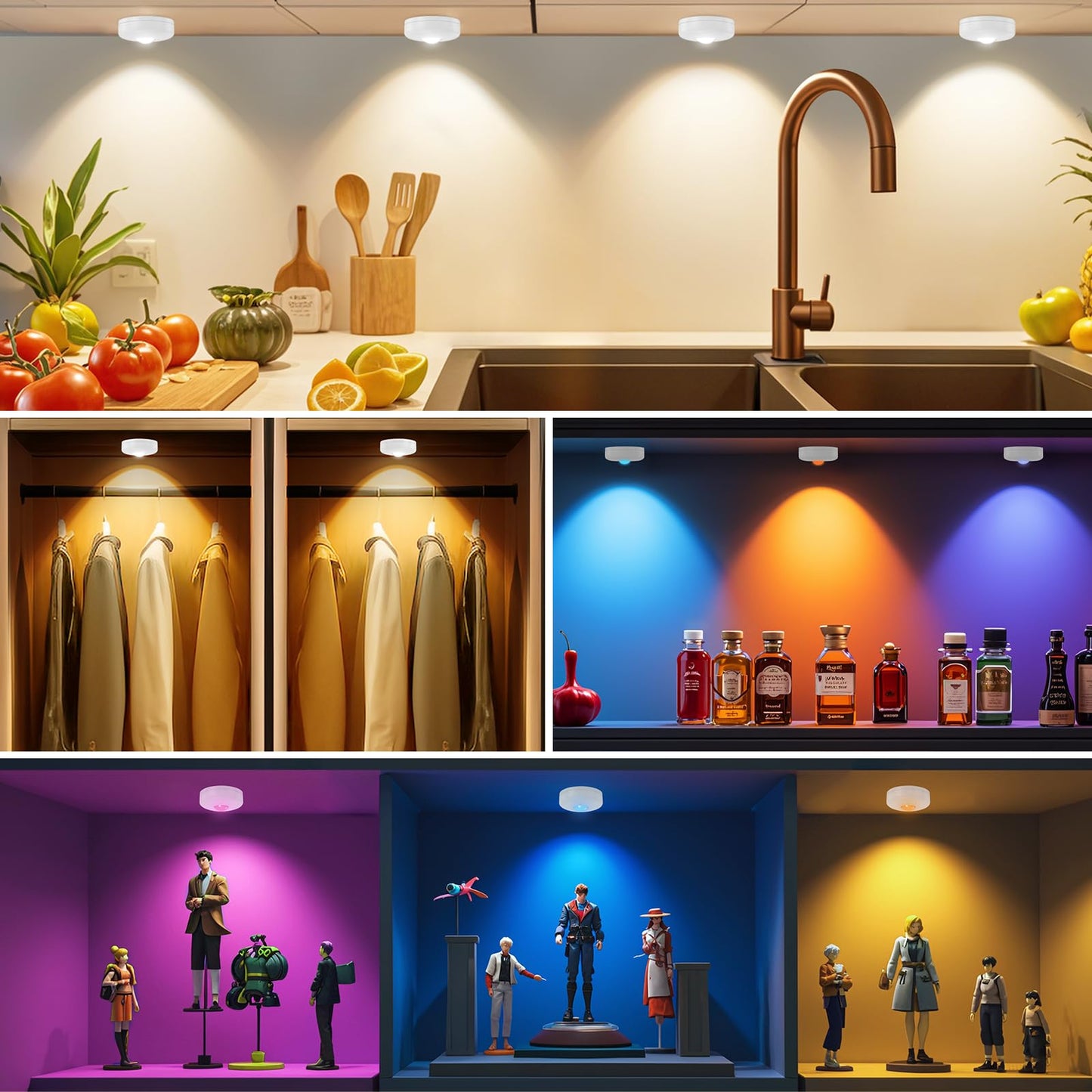 Aokpsrt LED Puck Lights with Remote Control, 13 Colors Battery Operated Tap Lights, Dimmer& Timer Magnetic Under Cabinet Light, Wireless Stick on Light for Closet, Bedroom, Kitchen White 3Pcs