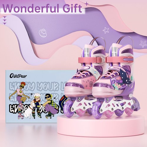 Children's Adjustable Inline Skates with 4-Size Adjustable Fit, Inline Skates with Triple Safety Straps & LED Light Wheels Perfect for Beginners,Ideal Gift for Boys & Girls (Pink, Medium(13C-3Y))