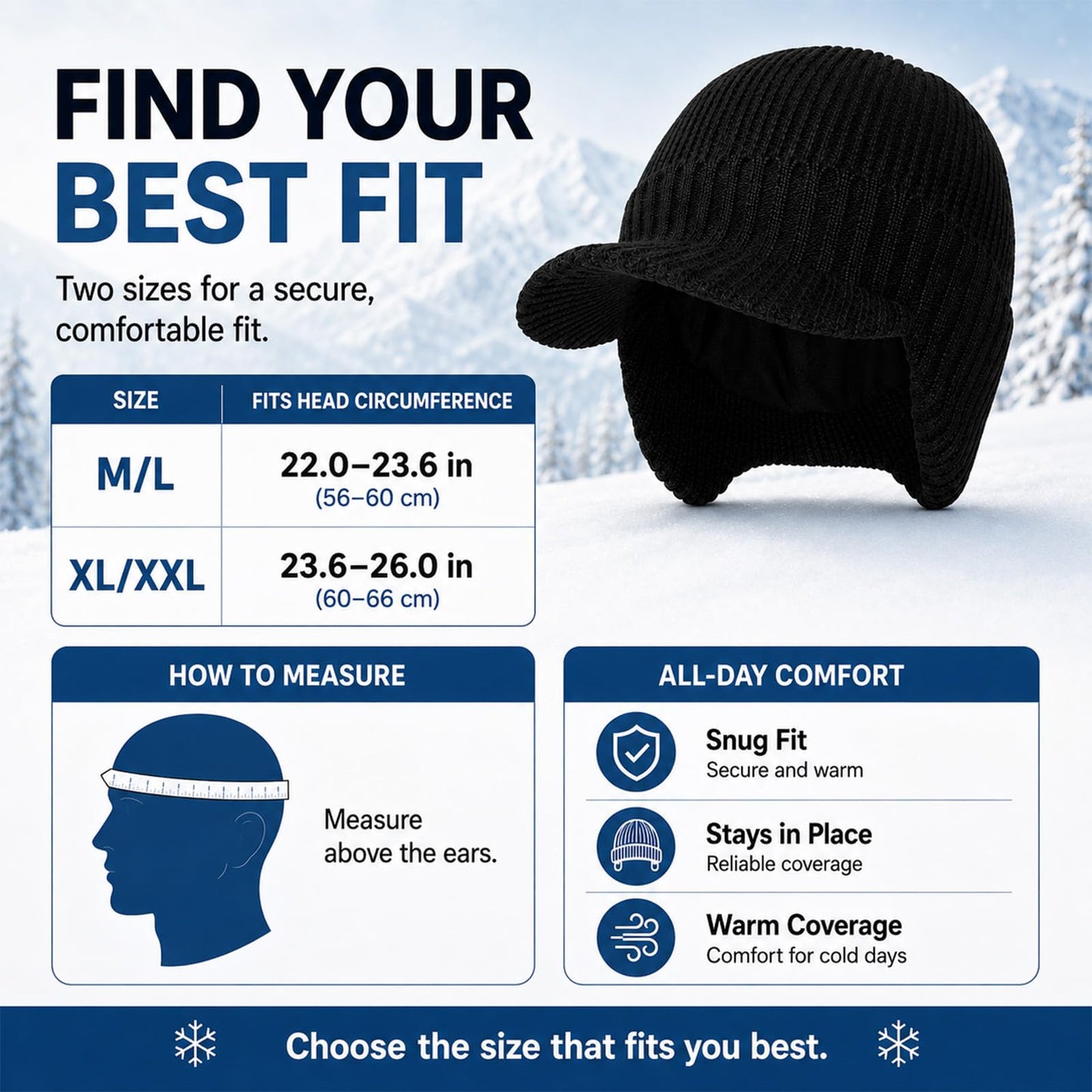 M/L/XL/XXL Waterproof Merino Wool Brim Beanie for Men with Ear Flap, Outdoor Warm Fleece Lined Knit Winter Hat for Big Heads