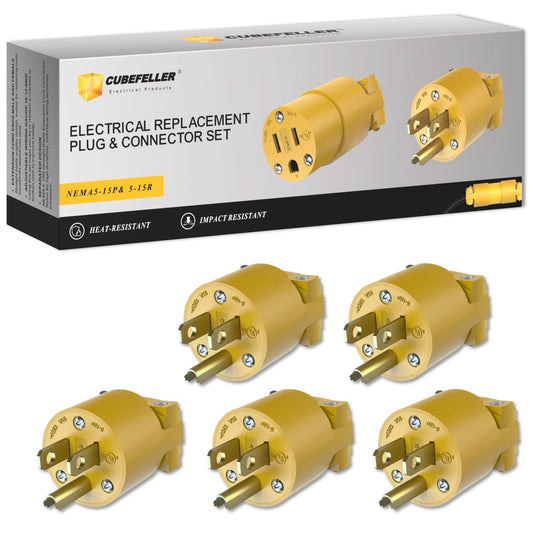 CUBEFELLER® Extension Cord Ends Male Kit, Replacement Plug, 3 Prong, 15Amp, 125Volt, NEMA 5-15P, UL Listed, 5pcs,ER0105P(Yellow)