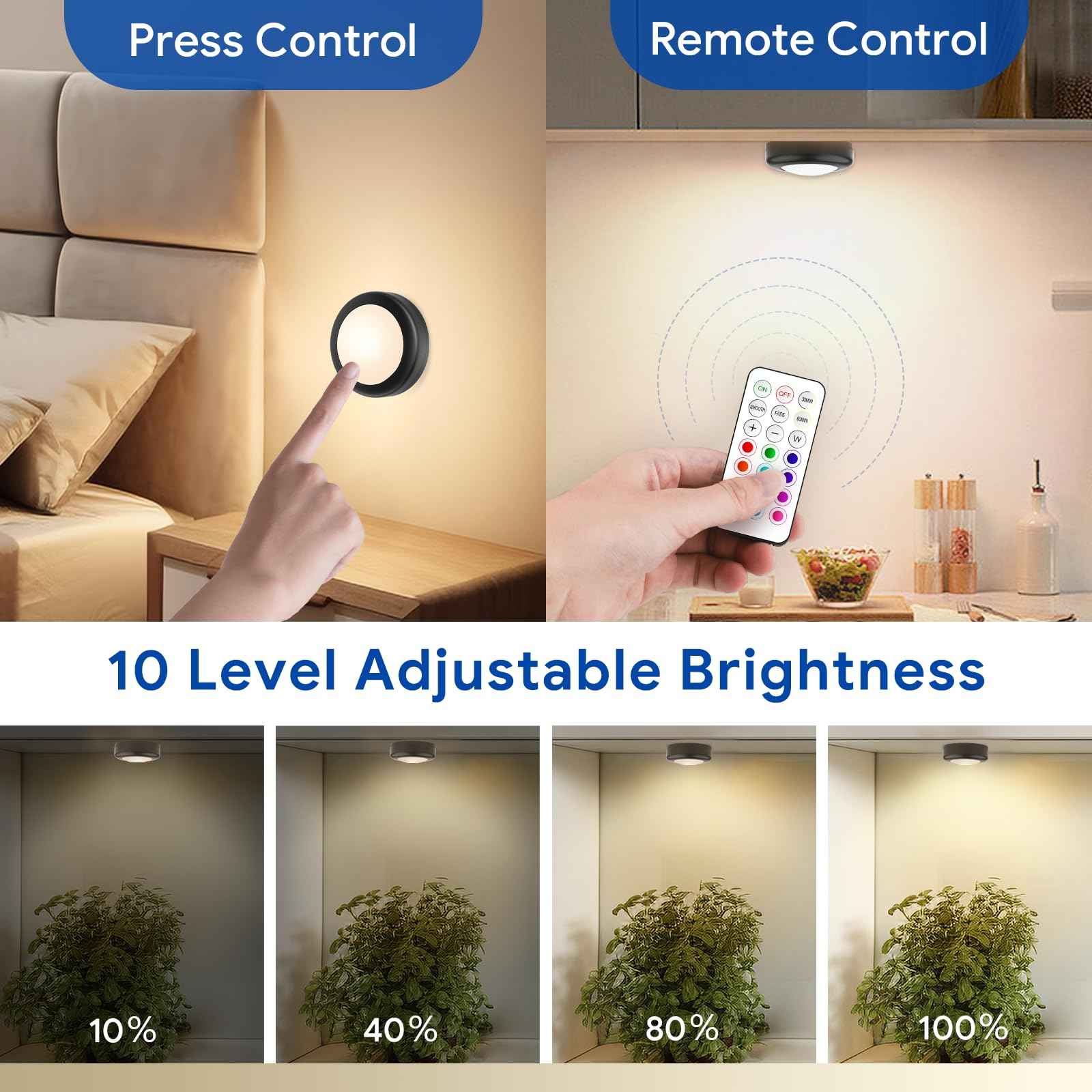 Yiliaw LED Puck Lights with Remote Control, AA Battery Operated, 12 Color Closet Under Cabinet Lighting, Push Tap Light, Under Counter for Kitchen, 6 Pack, Black-Magnetic