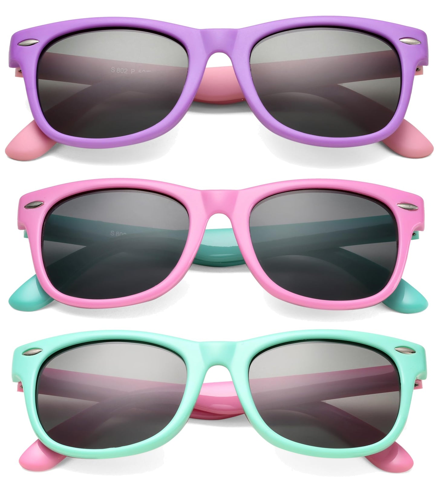 NULOOQ Kids Polarized Sunglasses for Boys Girls – TPEE Unbreakable Flexible Frame UV400 Protection Age 3-8 (Purple Pink + Pink Green + Green Pink) - 3 Pack