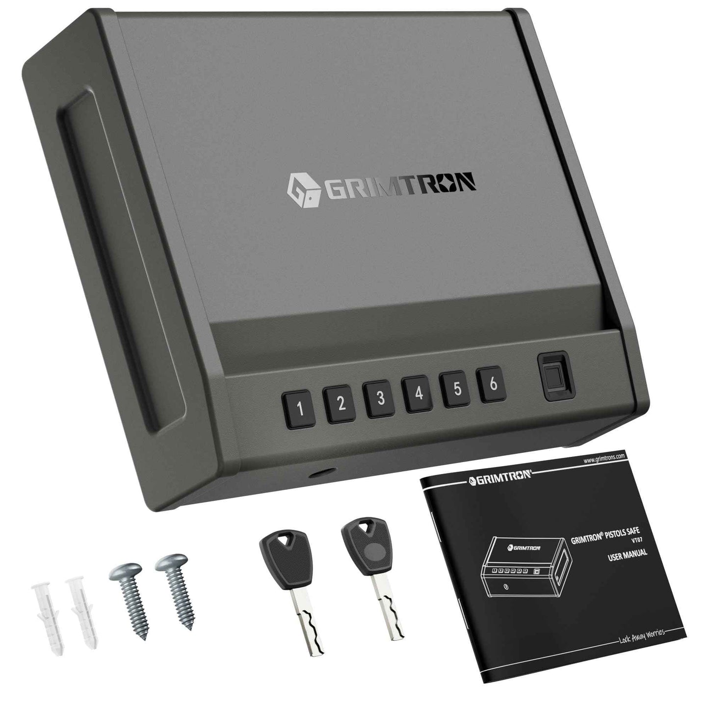 Grimtron Biometric Gun Safe for Handgun – Quick Access Pistol Safe with 100 Fingerprints, Backlit Keypad & Backup Keys – Gun Lock Box for Nightstand, Bedside, Car, Truck & Vehicle Use