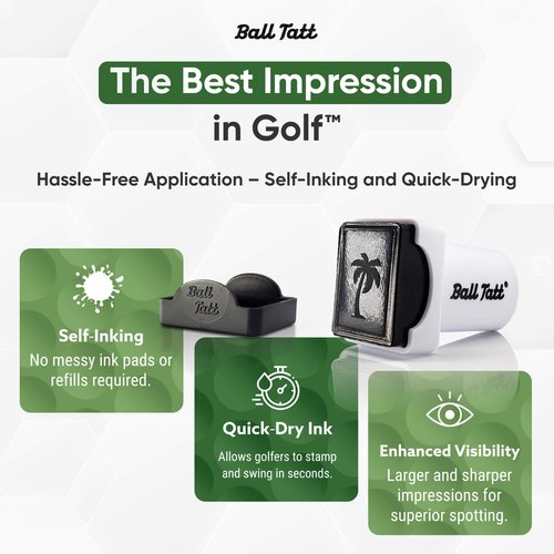 Ball Tatt - Golf Ball Stamp, Self-Inking Marker - Quick-Dry Permanent Marking Tool, No Leaks or Refills, Reusable & Waterproof Golfing Stamper - Ideal Gift for Golfers, Dads, Retirement (Palm Tree).
