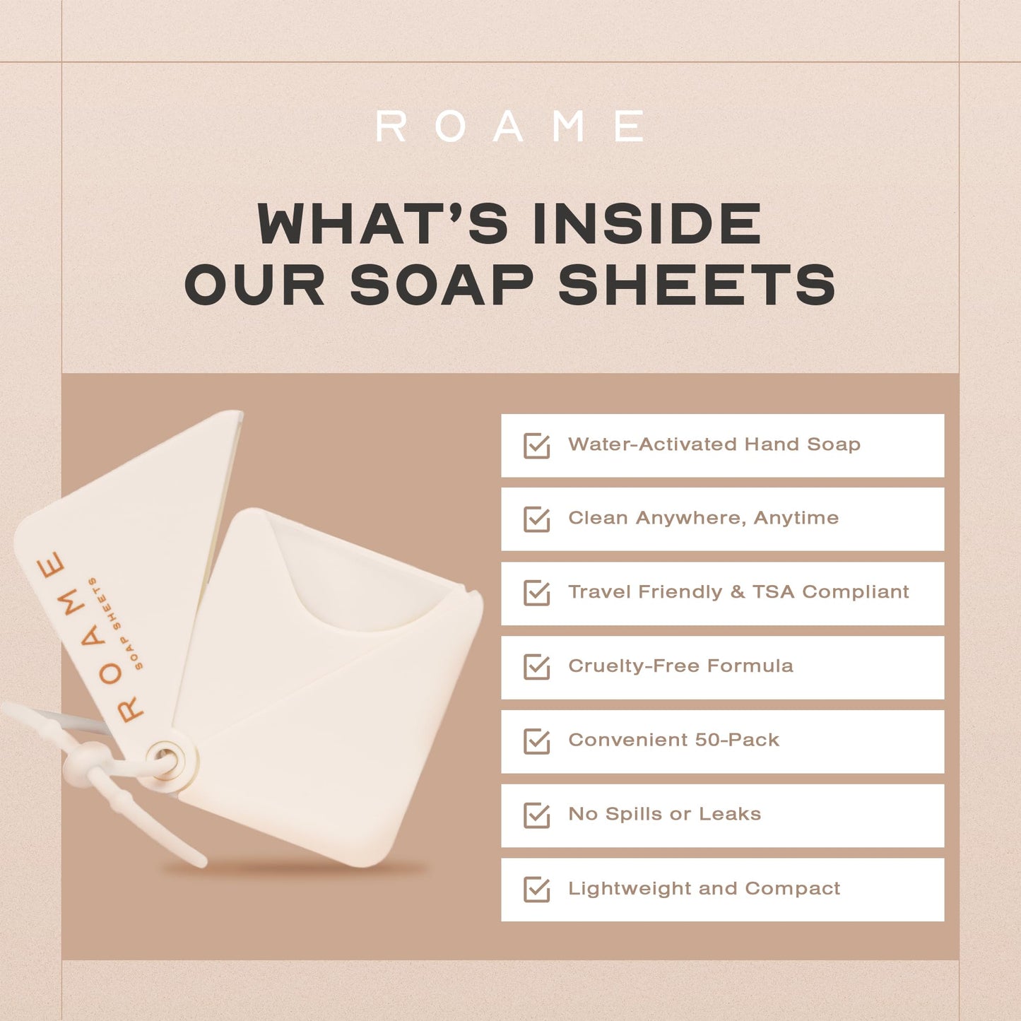 ROAME Portable Soap Sheets – Ultra-Thin Soap for Hand Moisture & Hygiene – Water-Activated, Compact, Cruelty-Free, Eco-Friendly – Perfect for Travel Kits & On-the-Go Use – 50-Pack