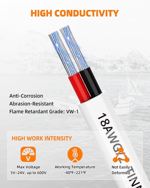 CONEPY 18 Gauge Marine Wire - Waterproof 18/2 Duplex Tinned Copper Cable for Boat & RV (200FT)