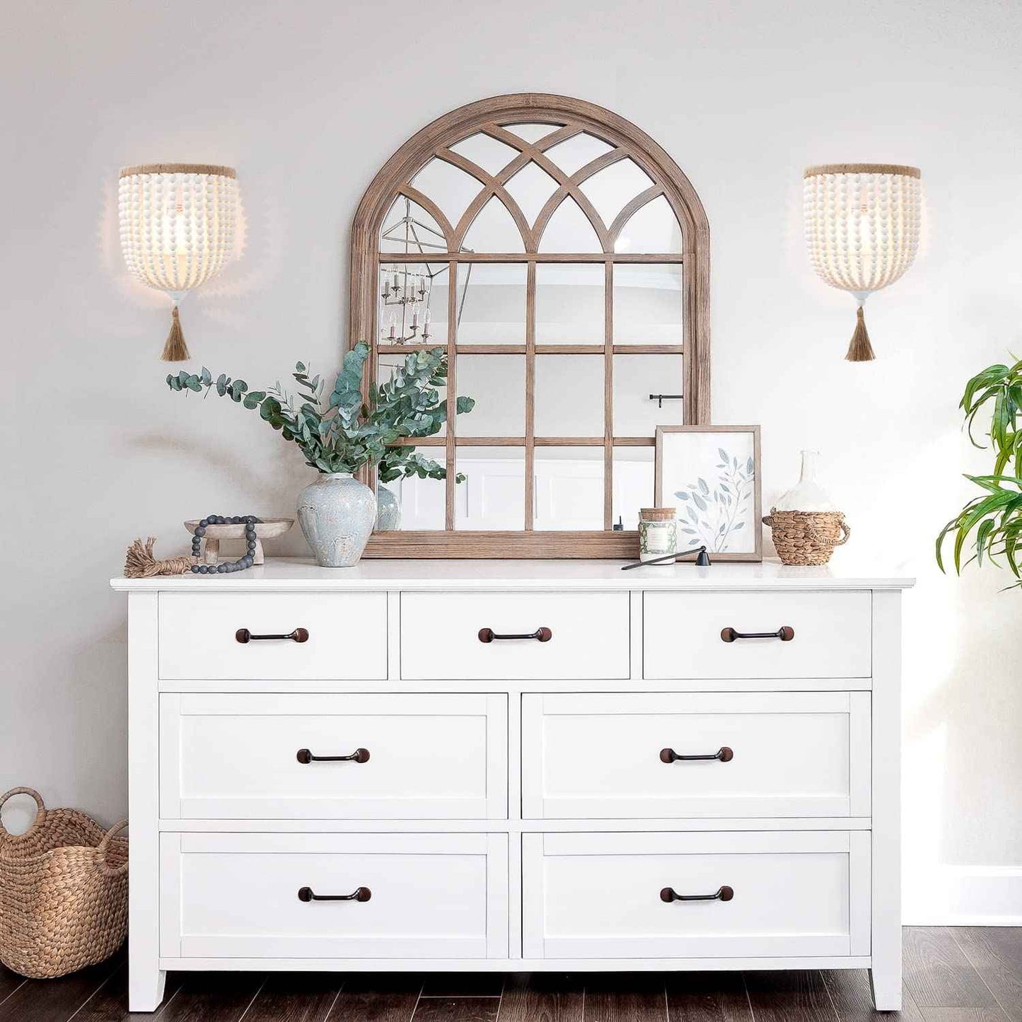 VILUXY Bohemia Wood Beaded Wall Sconces Bedside Antique Rustic Wall Sconce Lighting Fixture White Finishing for Bedroom, Hallway, Entryway, Passway, Bathroom, Vanity 2 Pack