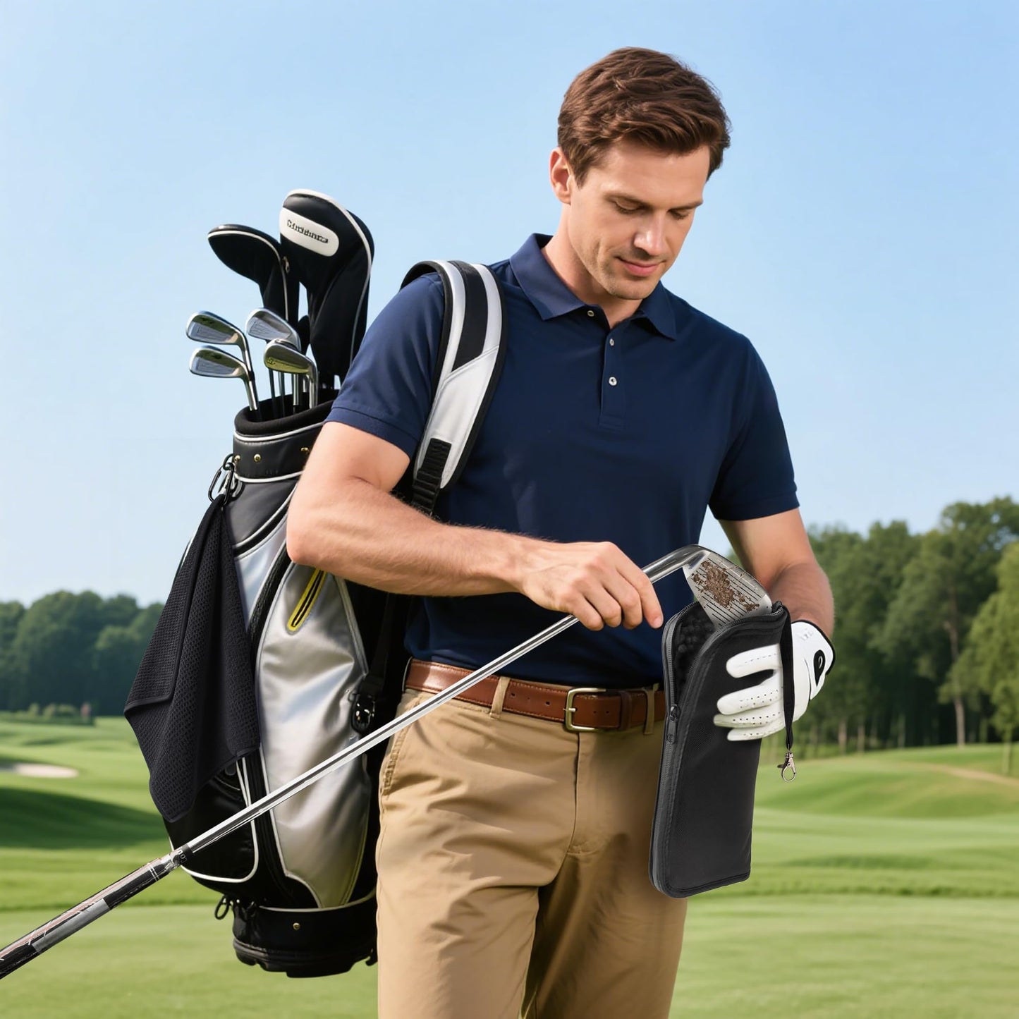 Golf Club and Golf Boll Cleaner Bag, Golf Ball Cleaner Pouch with 1 Pack Golf Ball Towel, Waterproof Outside, Clean Inside – Liner Technology, Machine Washable，Black