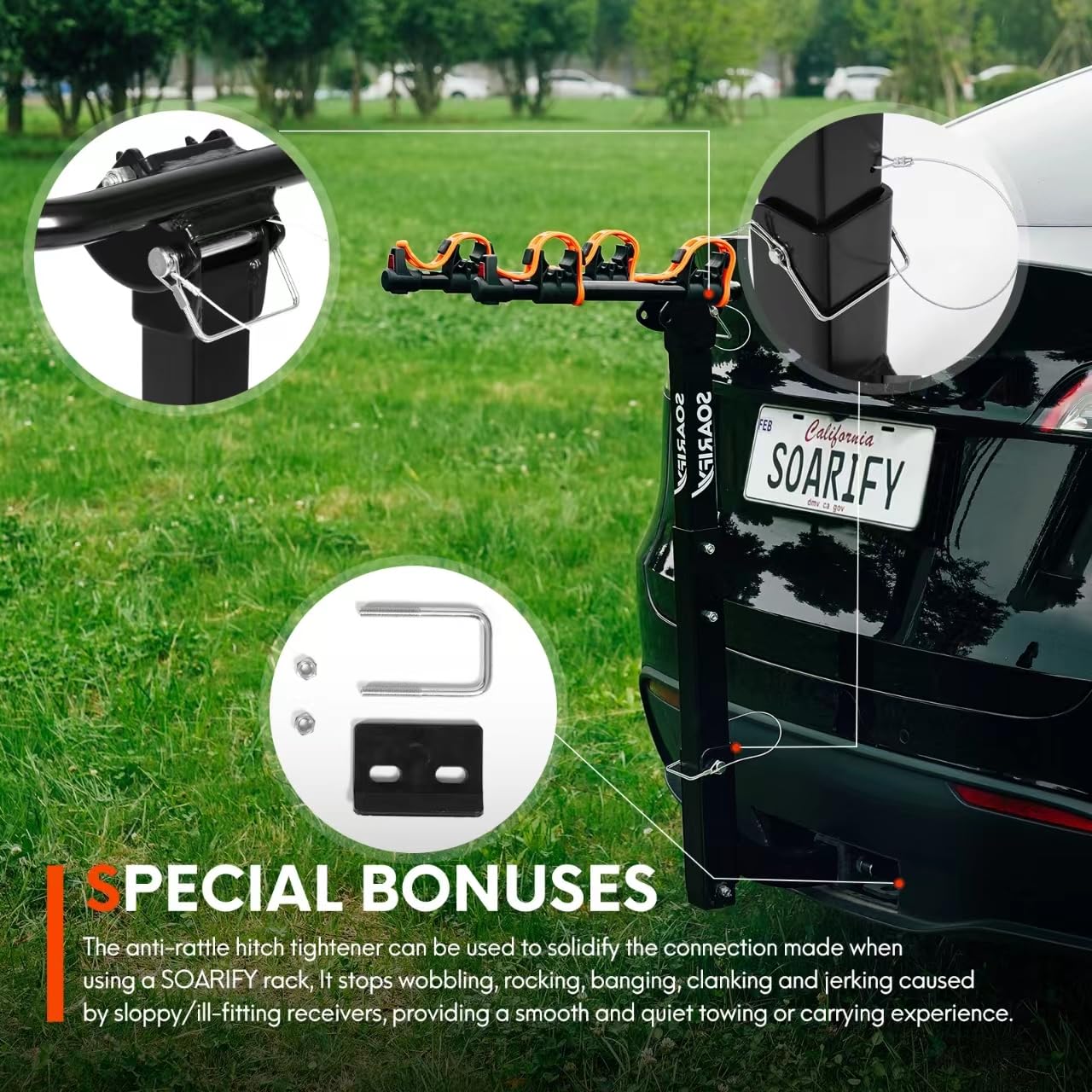 Soarify Bike Rack for Car, SUV, RV, Mount Hitch Bike Rack, Up to 143 lbs Load Bicycle Rack Carrier Rubber Straps, Tilt Release with 2" Hitch for Cars (2 Bikes)