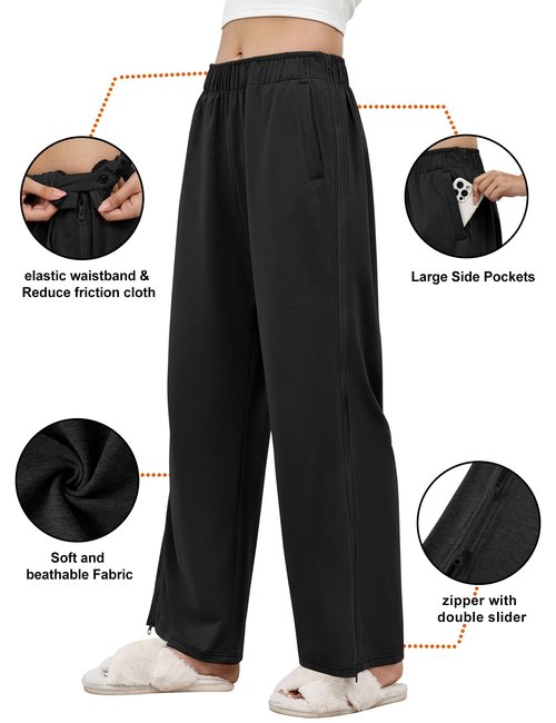 LOMON Tear Away Pants for Women 2 Side Zippers Double Slider Sweatpants Full Open Down Leg Post Surgery Pant with Pockets