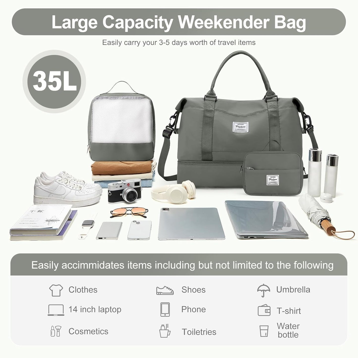 Skiennix Travel Duffle Bag - Stylish Weekender Bag with Shoe Compartment | Olive Green, 3-Piece Set