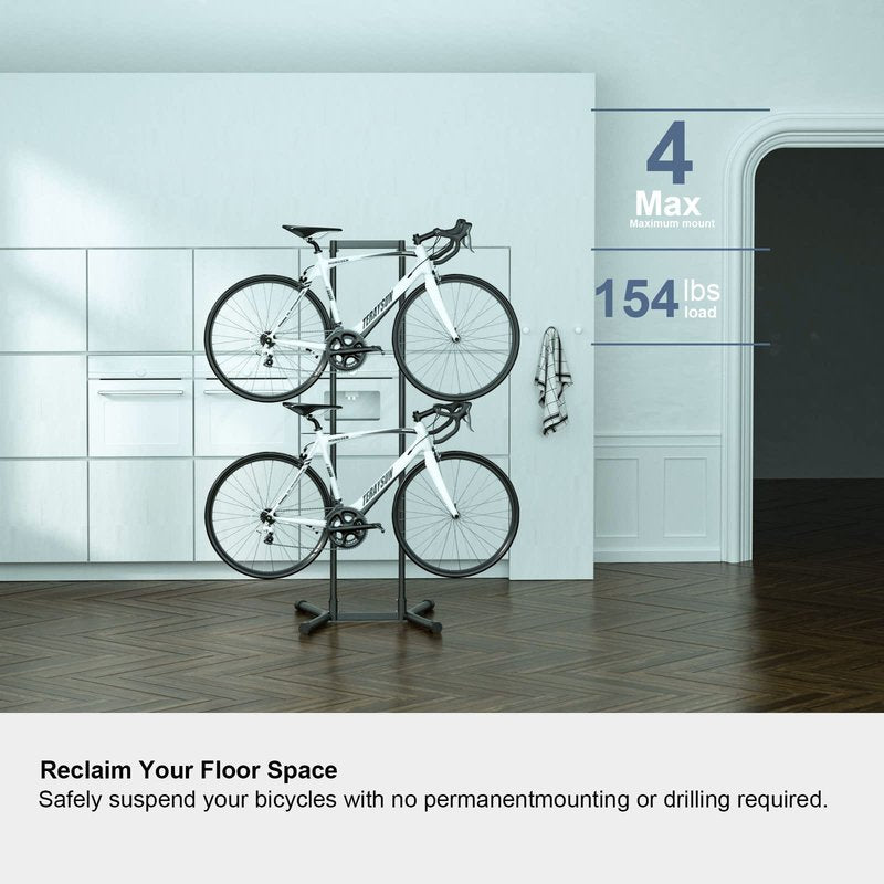 teraysun 4 Bike Horizontal Storage Rack, Heavy Duty No-Drill Indoor Garage Bike Organizer, 154 lbs Capacity for Mountain, Road & Hybrid Bikes