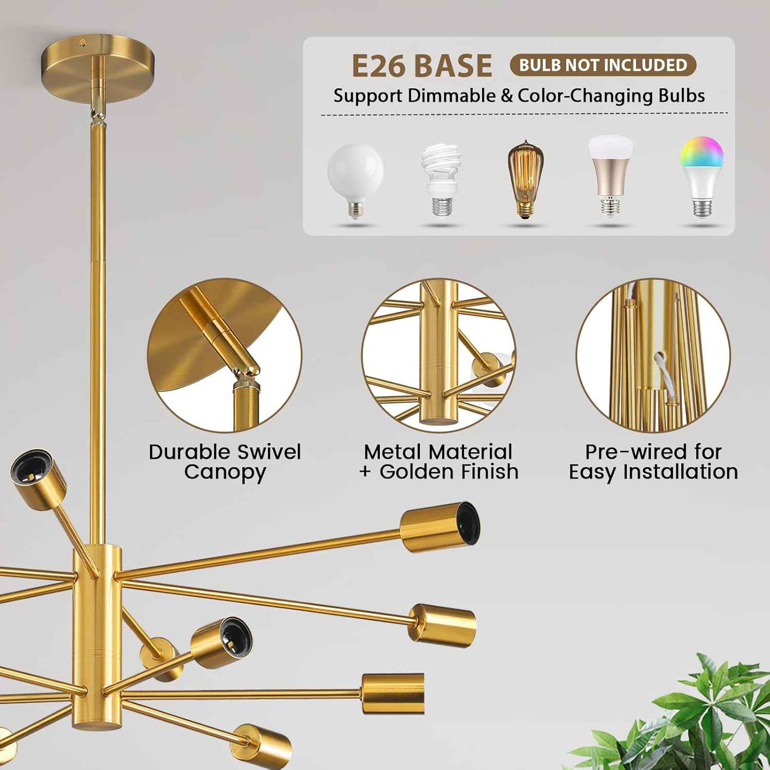 8-Light Gold Sputnik Chandelier - Modern Adjustable Ceiling Light for Dining Room, Kitchen & Foyer