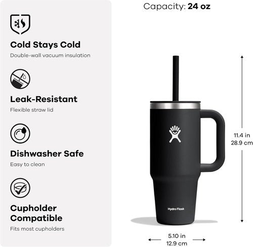 Hydro Flask Travel Tumbler - Insulated Stainless Steel with Handle, Lid & Straw | 24 Oz Oat
