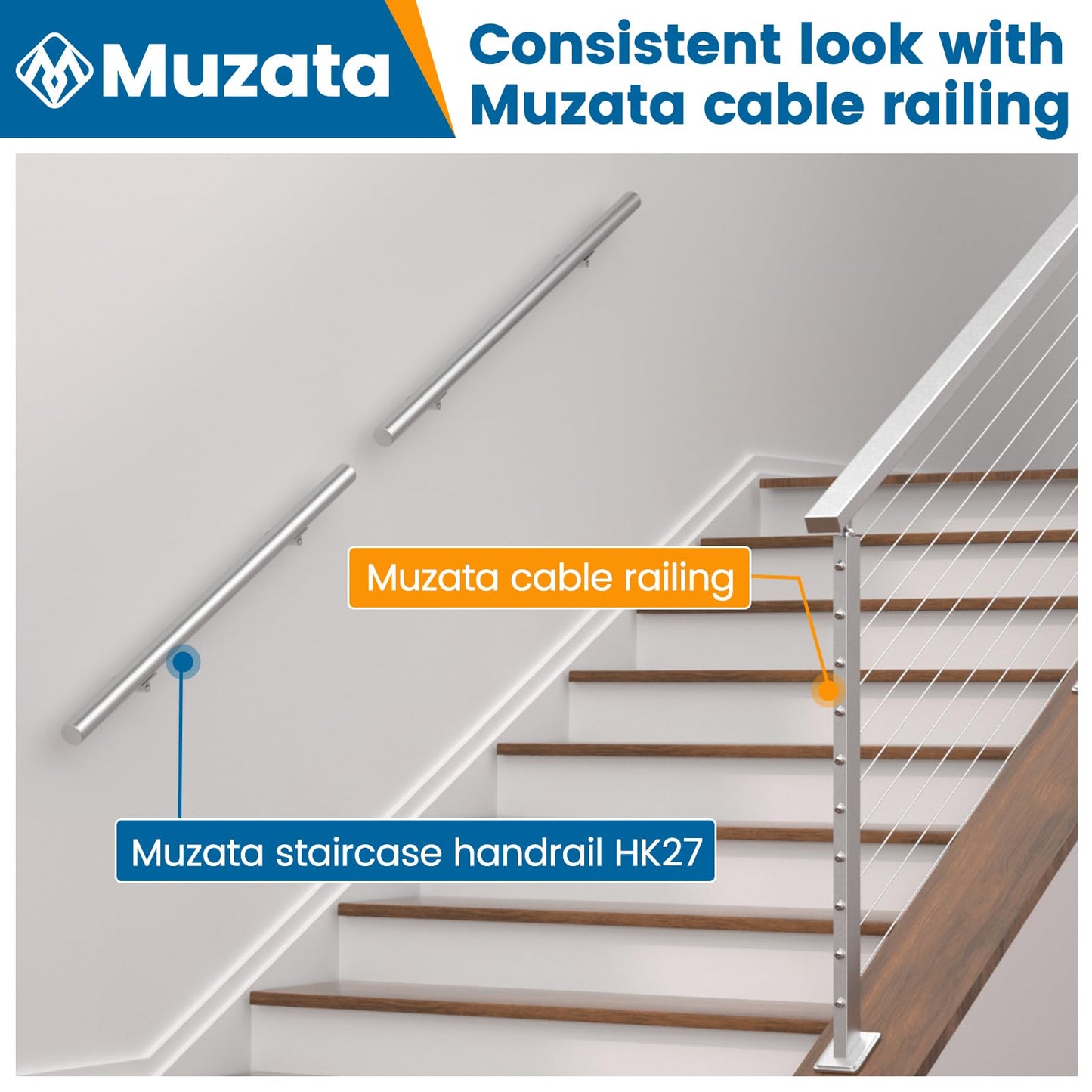 Muzata 5Ft Pre-drilled Stair Handrail 2" OD Round Brushed Wall Mounted Handrail Stainless Steel Safety Hand Rail Indoor Outdoor Stair Hand Railing Wood Concrete Brick Wall, HK27 SL4