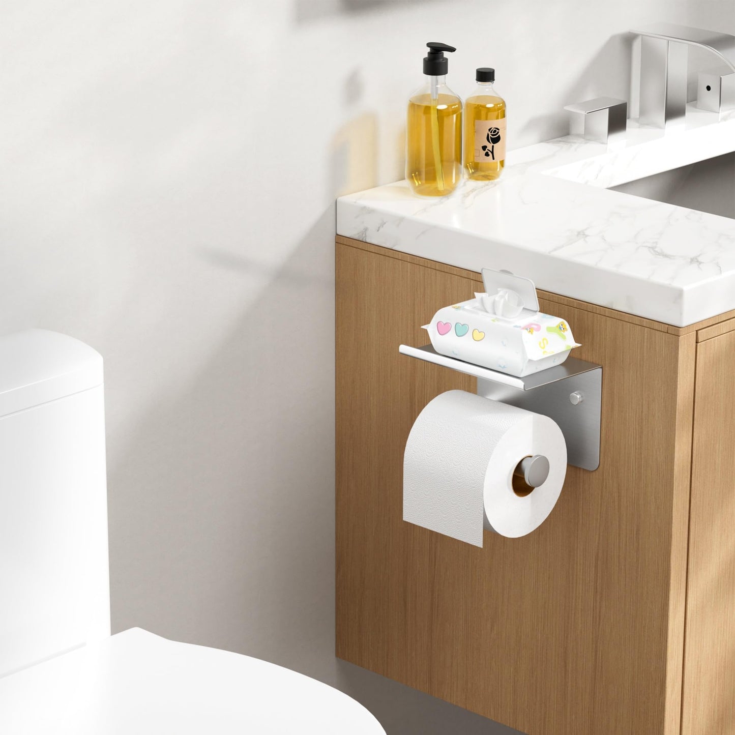 FORIOUS Toilet Paper Holder with Shelf, Adhesive or Screw Wall Mount Toilet Roll Holder for Bathroom, Rustproof 304 Stainless Steel Commercial Toilet Tissue Holder with Phone Shelf, Brushed Nickel