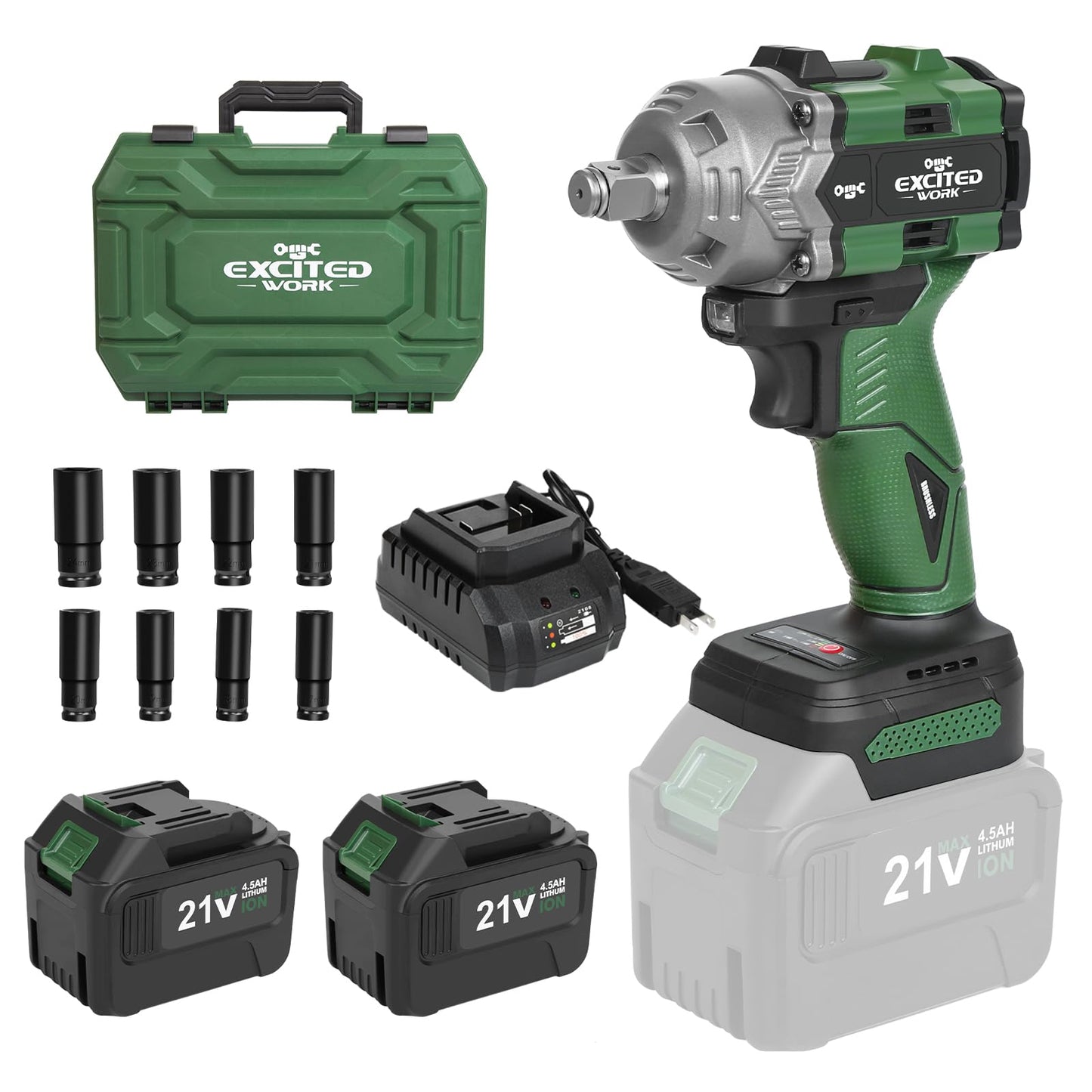 Excited Work 20V Brushless Impact Wrench Kit, 600Nm 1/2 Inch Impact Wrench with 2 x 4.5Ah Battery, 2500RPM High Torque Impact Gun, Fast Charger and Tool Box