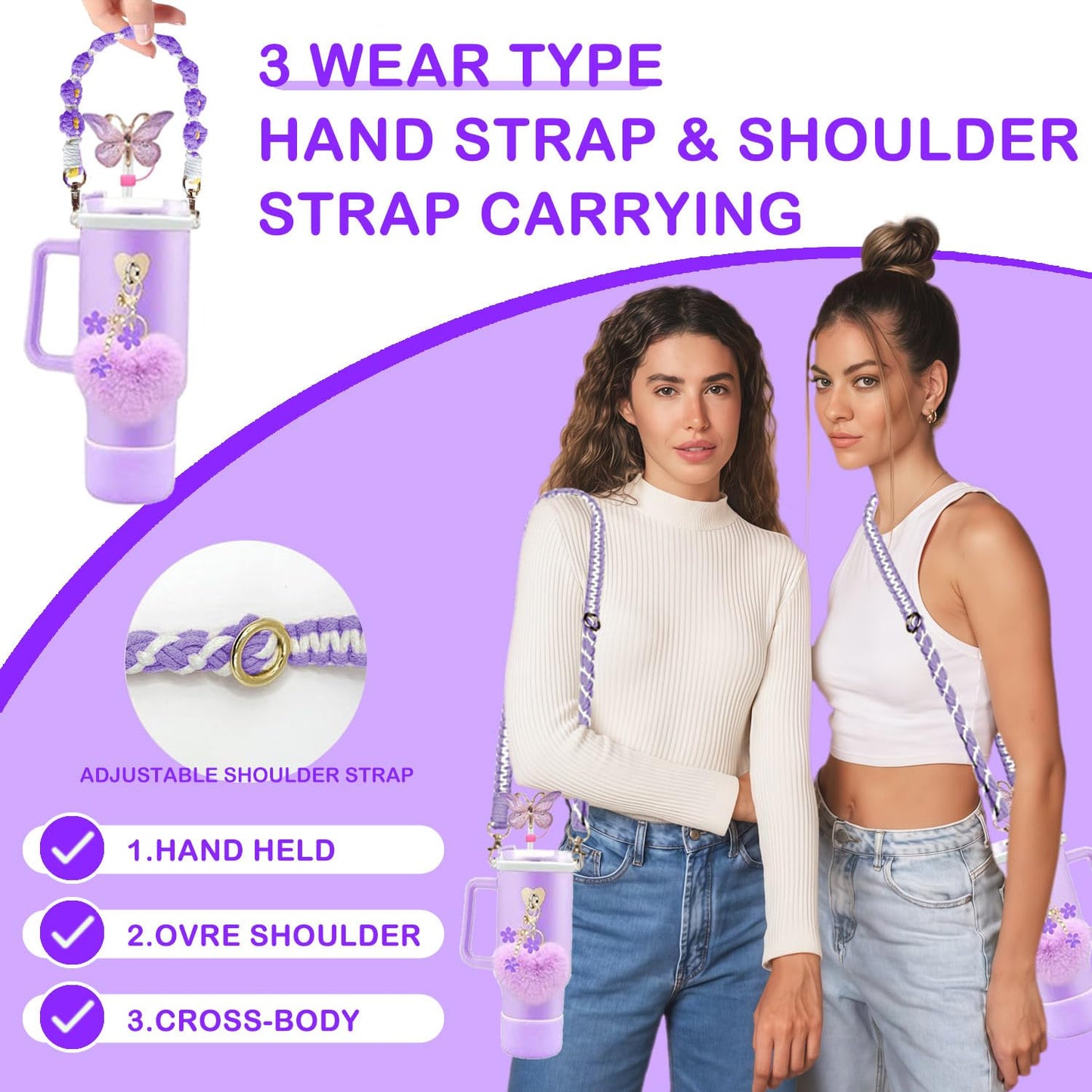 8PCS Stanley Cup Accessories Set, Adjustable Water Bottle Shoulder & Handle Strap, Glitter Protective Boot, Heart Shape Pompom Ball,Straw Topper Cover & Charms for Stanley 30oz 40oz Tumbler (Purple)