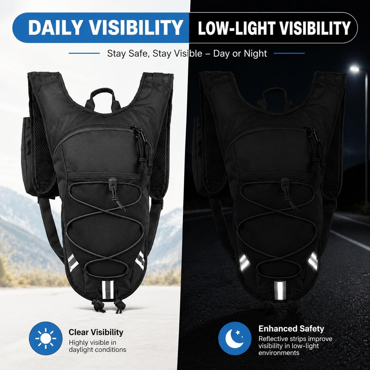 DEVONWIDE Lightweight Hydration Backpack 2L Water Bladder Pack - Black | Water Backpack for Running, Cycling, Hiking | Anti-Theft, Reflective, with Phone Holder & Trekking Pole Loops