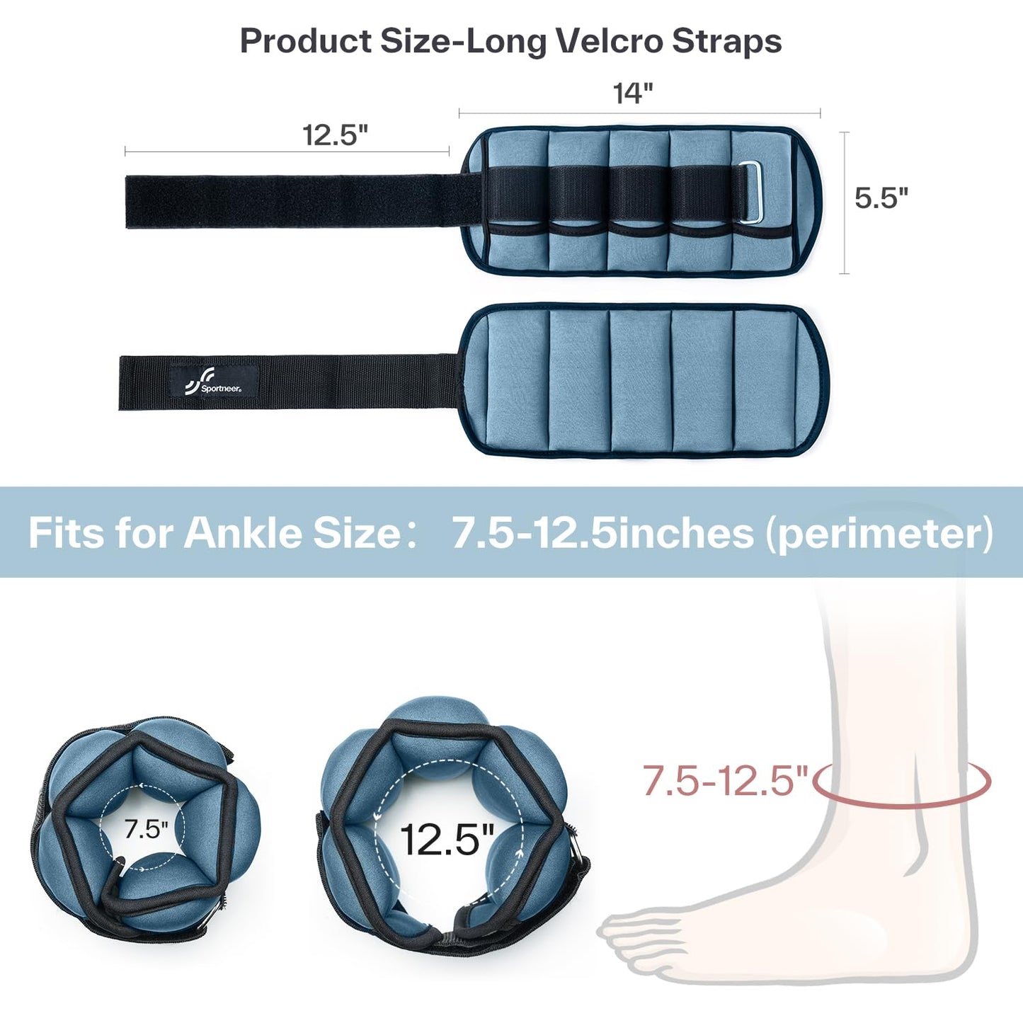 Sportneer Adjustable Ankle Weights 1 Pair 2 4 6 8 10 Lbs Leg Weight Straps for Women Men, Weighted Ankle Weights Set for Gym, Fitness, Walking, Jogging,1-5 lbs Each, 2 Pack 2-10 lbs, Dark Blue