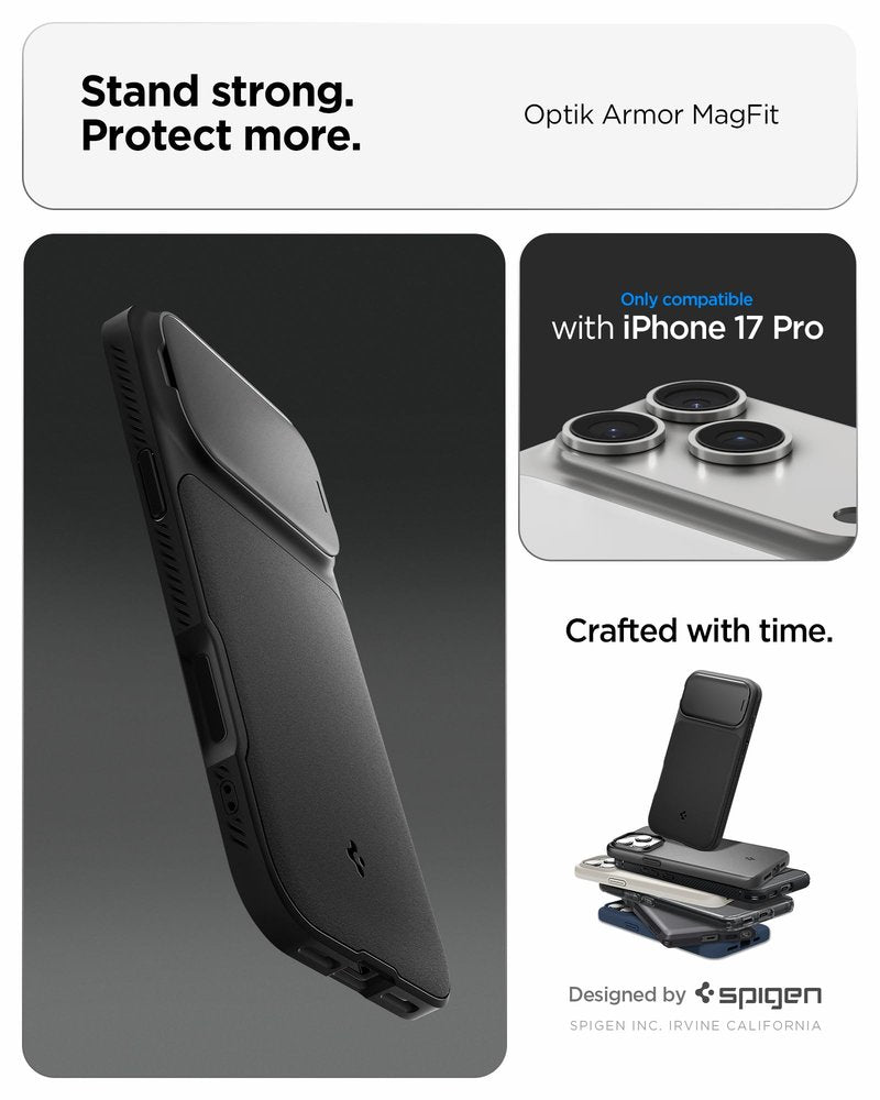 Spigen for iPhone 17 Pro Case, Optik Armor MagFit [TPU Covered Camera Control] [Camera Cover/Kickstand] [Compatible with MagSafe] - Black