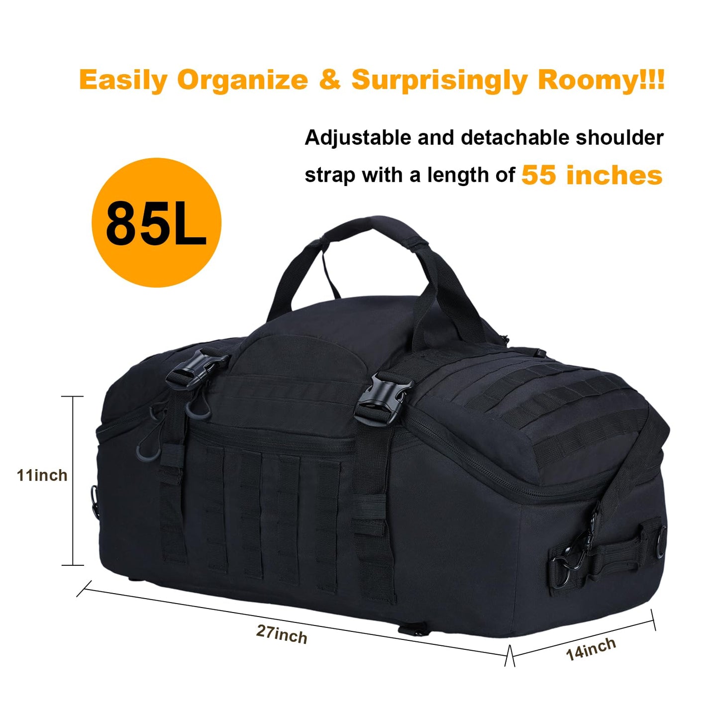 3 in 1 Tactical Travel Duffel Bag Backpack, Heavy Duty Gym Bag 85L, Black
