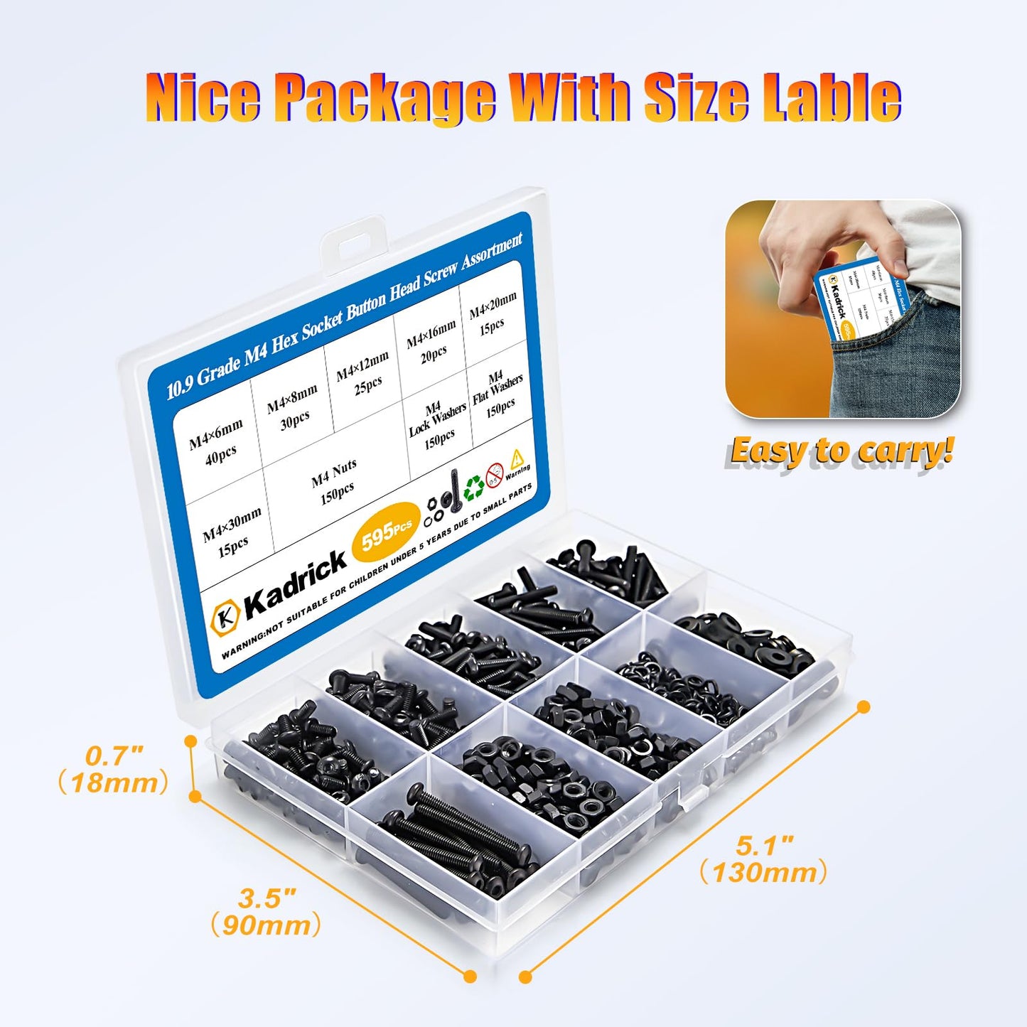 Kadrick 595Pcs M4 Screw Assortment,Machine Screws with Nuts Washers, Grade 10.9 Alloy Steel Hex Socket Button Head Black M4 Bolts Kit,Lenth Form 6mm-30mm