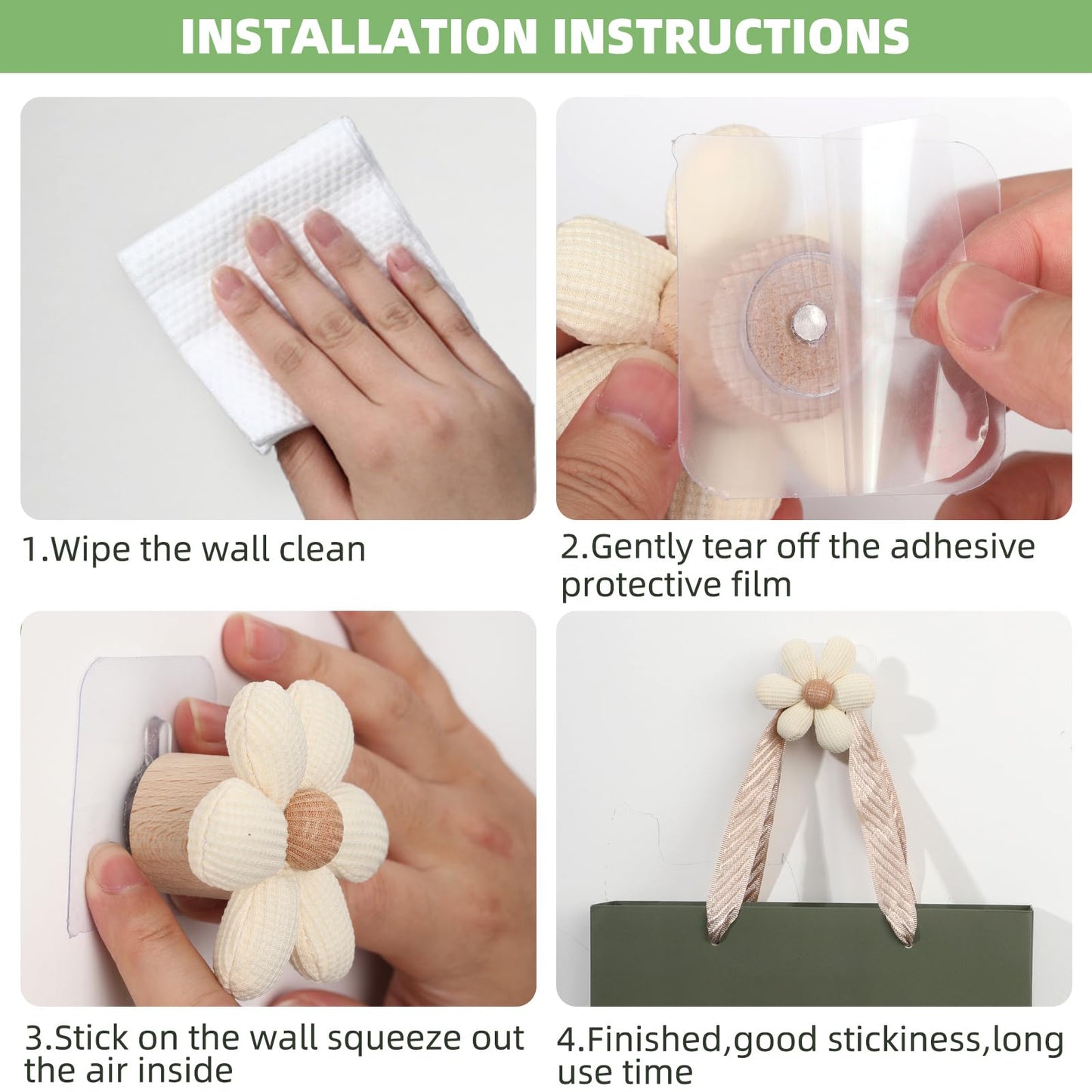 LIYAZHIL 2 Pack Adhesive Wall Hooks Flower Wooden Towel Coat Sticky Hooks for Bathroom Shower Kitchen (Beige)