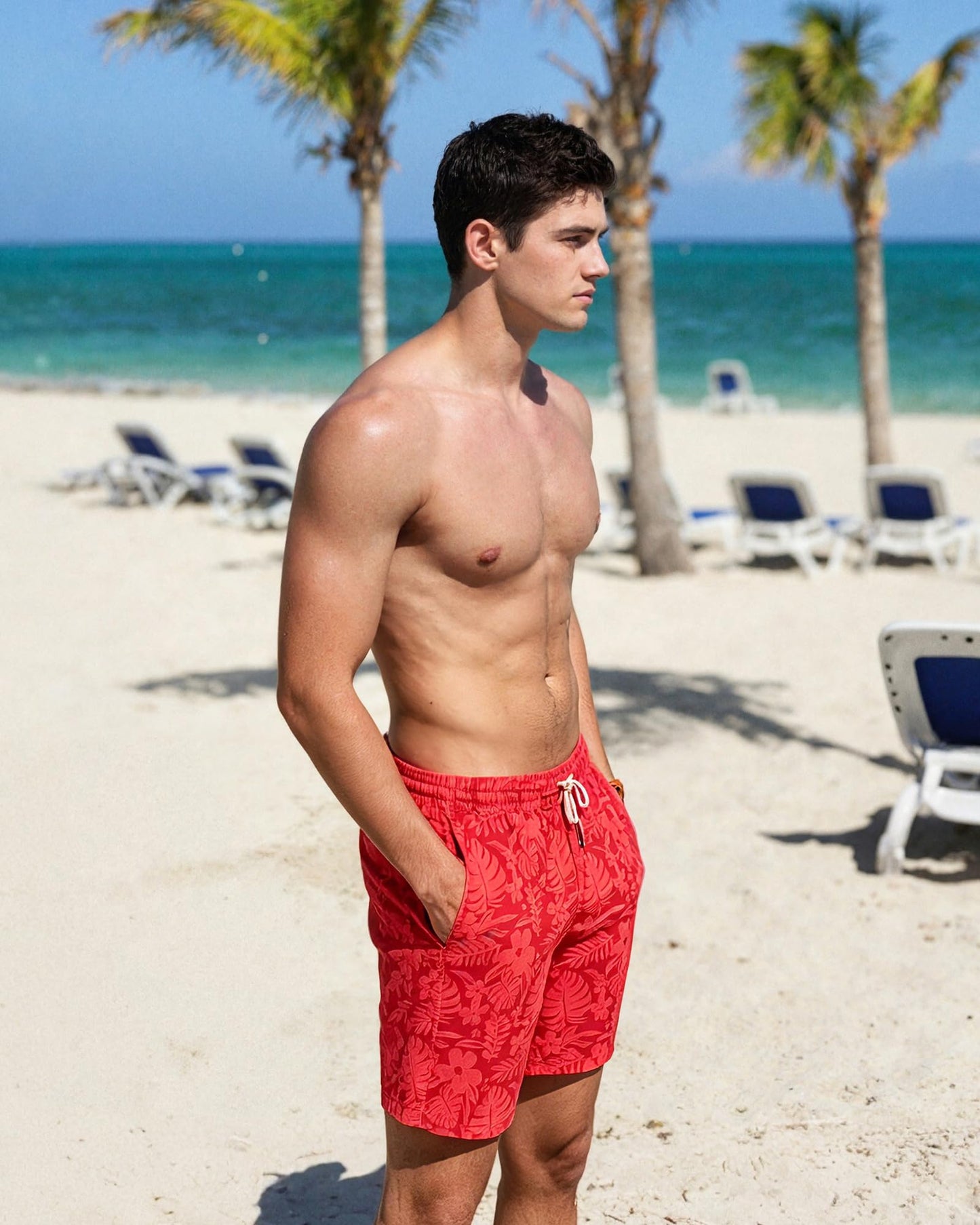 SURF CUZ Mens Swim Trunks with Compression Liner Quick Dry Swim Shorts 7" Swimming Trunks Stretch Zipper Pockets,Red Leaves,S