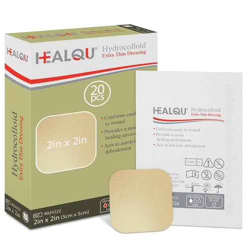 Healqu Hydrocolloid Wound Dressing - 2x2" Thin - Box of 20 Large Bandages - Sterilized Bordered Hydrocolloid Patches for Bed Sores, Abrasions, and More - Waterproof and Absorbent with Protective